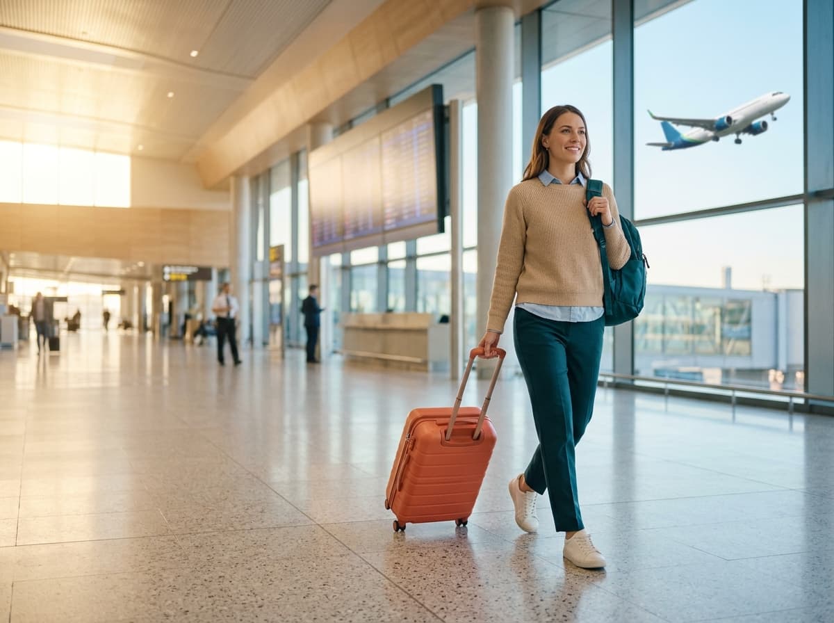 A traveller pulls a coral suitcase through a sunlit airport as a plane takes off outside.